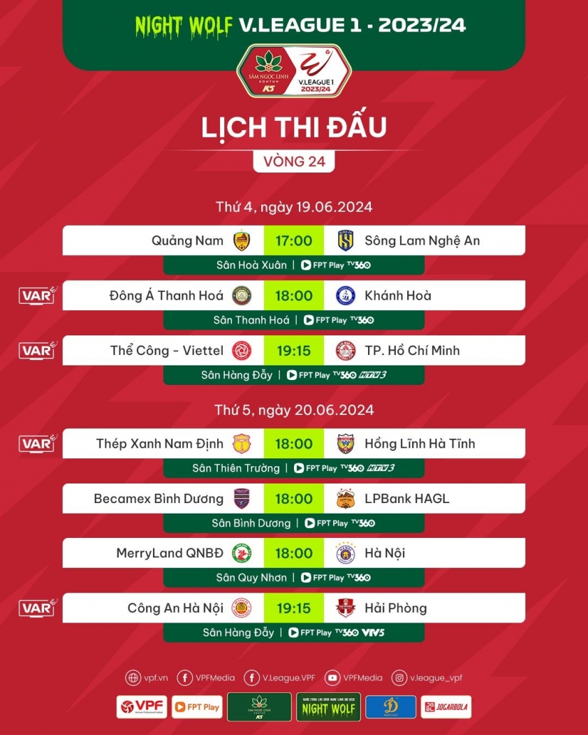 Lịch Thi Đấu Vòng 24 V-League 2023/2024: Nam Định Quyết Tìm Lại Chiến Thắng