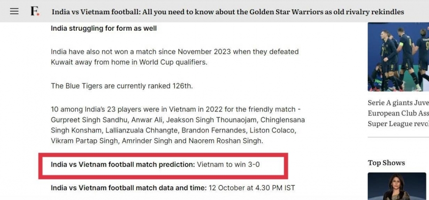 ĐT Ấn Độ dự đoán Việt Nam sẽ đánh bại họ 3-0 trong trận giao hữu ngày 12/10
