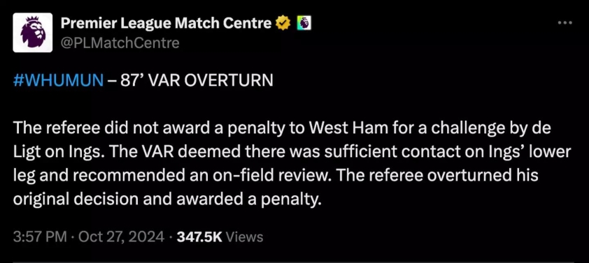 Quyết định gây tranh cãi Premier League giải thích quả phạt đền định đoạt trận đấu giữa West Ham và Man Utd