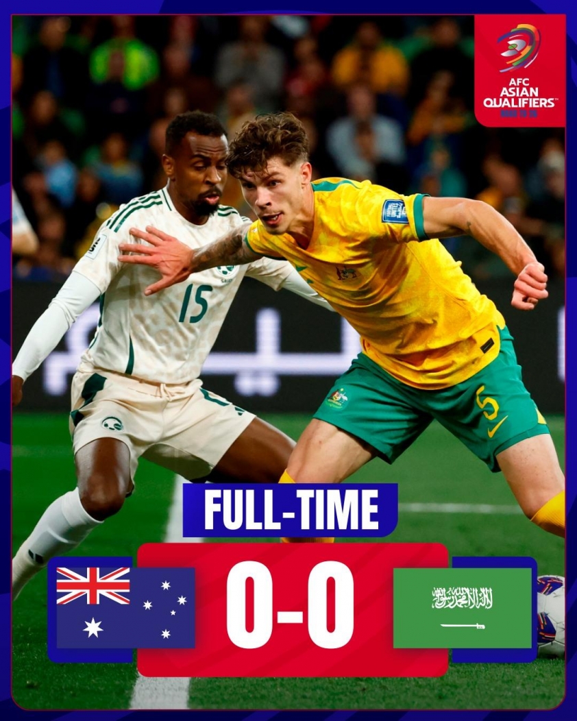 Australia và Ả Rập Xê Út hòa nhau không bàn thắng trong trận đấu căng thẳng