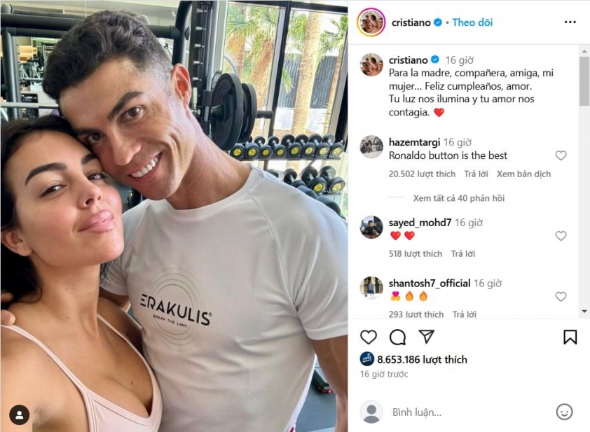 Cristiano Ronaldo gửi lời chúc mừng sinh nhật xúc động đến Georgina Rodriguez