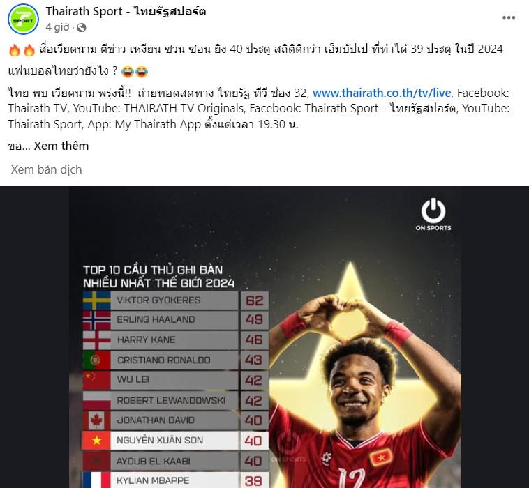 Tiền đạo Việt Nam vượt mặt Mbappe trong danh sách vua phá lưới thế giới CĐV Thái Lan phản ứng ra sao?
