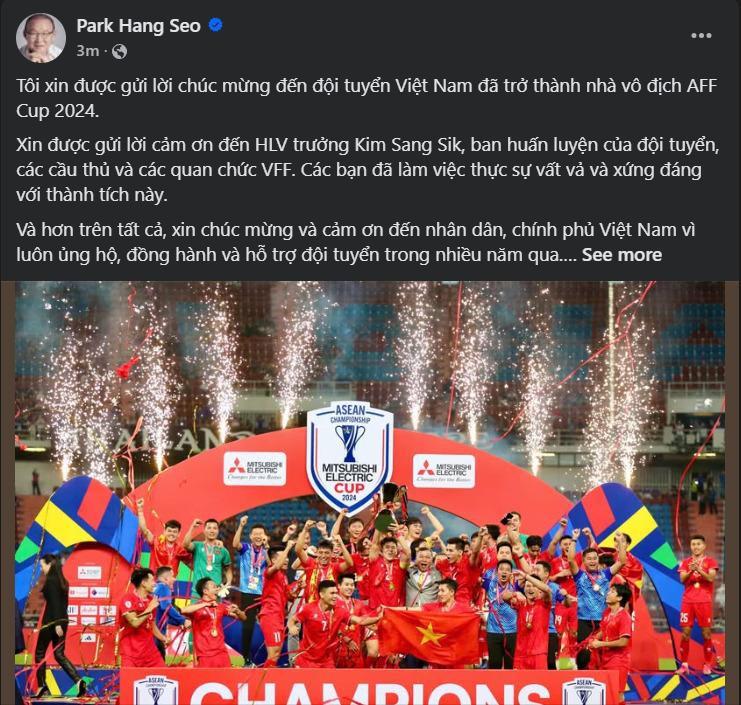 Thầy Park xúc động gửi lời chúc mừng ĐT Việt Nam vô địch AFF Cup 2024, kêu gọi vươn xa hơn