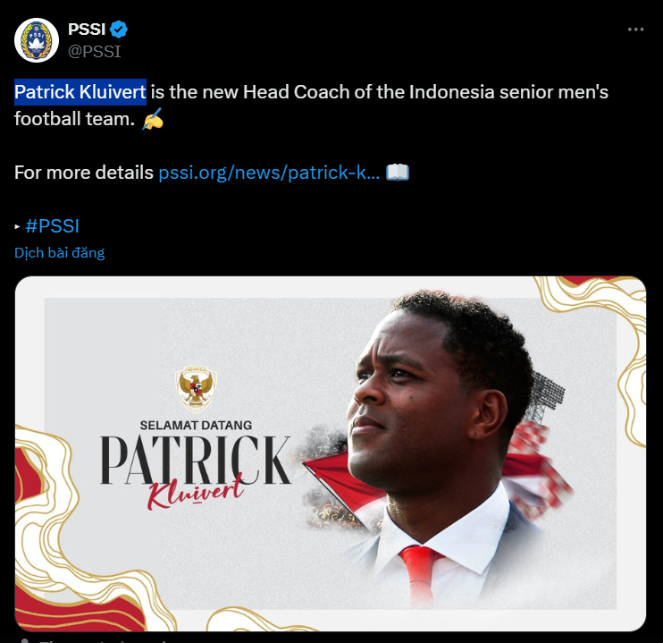 Huyền thoại bóng đá Patrick Kluivert trở thành HLV trưởng Đội tuyển quốc gia Indonesia