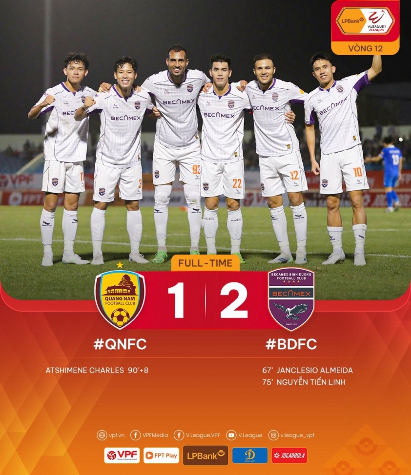 Tiến Linh tỏa sáng, Bình Dương đánh bại Quảng Nam kịch tính tại vòng 12 V-League 2024/25