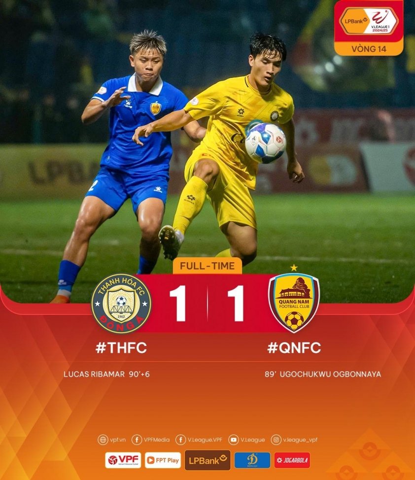 Thanh Hóa 1-1 Quảng Nam: Ribamar cứu thua phút cuối, chia điểm kịch tính vòng 14 V-League 2024/25