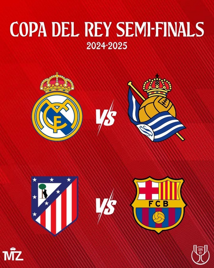 Kết quả bốc thăm bán kết Cúp Nhà Vua Tây Ban Nha 2024/25: Siêu kinh điển Barcelona vs Atletico, Real Madrid gặp Sociedad