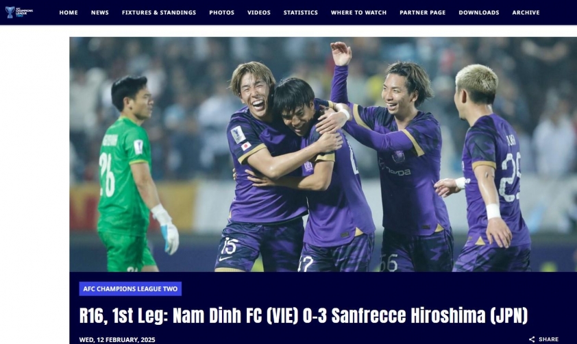 Nam Định FC nhận thất bại nặng nề trước Sanfrecce Hiroshima tại vòng 1/8 AFC Champions League Two