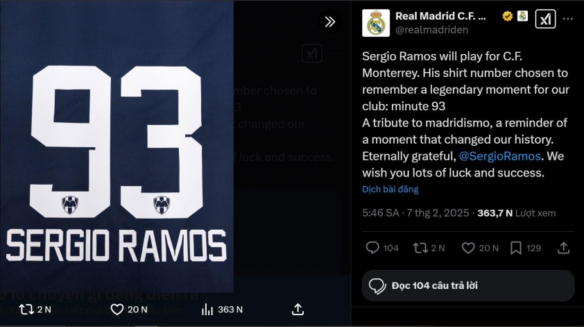 Sergio Ramos chọn số áo 93 tại Monterrey: Lời tri ân đầy cảm xúc dành cho Real Madrid