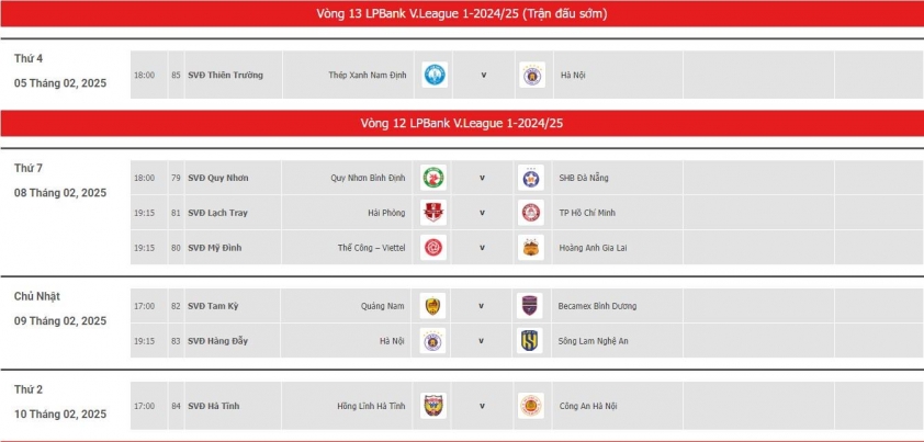 Lịch thi đấu V-League 2024/25 vòng 12: Cuộc đua đầy cam go