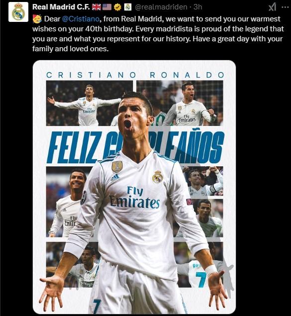 Real Madrid gửi lời chúc mừng sinh nhật lần thứ 40 đến Cristiano Ronaldo