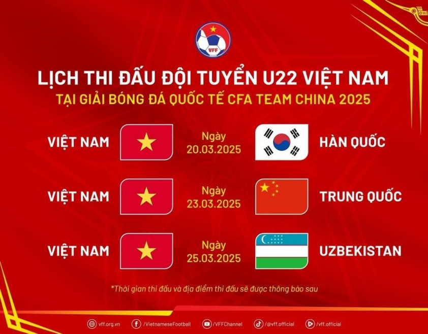 Lịch thi đấu U22 Việt Nam tại Giải giao hữu Quốc tế CFA Team China 2025