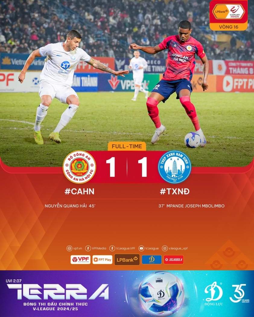 Trận cầu hấp dẫn giữa CAHN và Nam Định kết thúc với tỷ số hòa 1-1