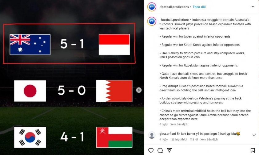 Dự đoán tỷ số Indonesia vs Bahrain: Tài khoản Instagram gây sốt với phân tích chiến thuật sắc bén