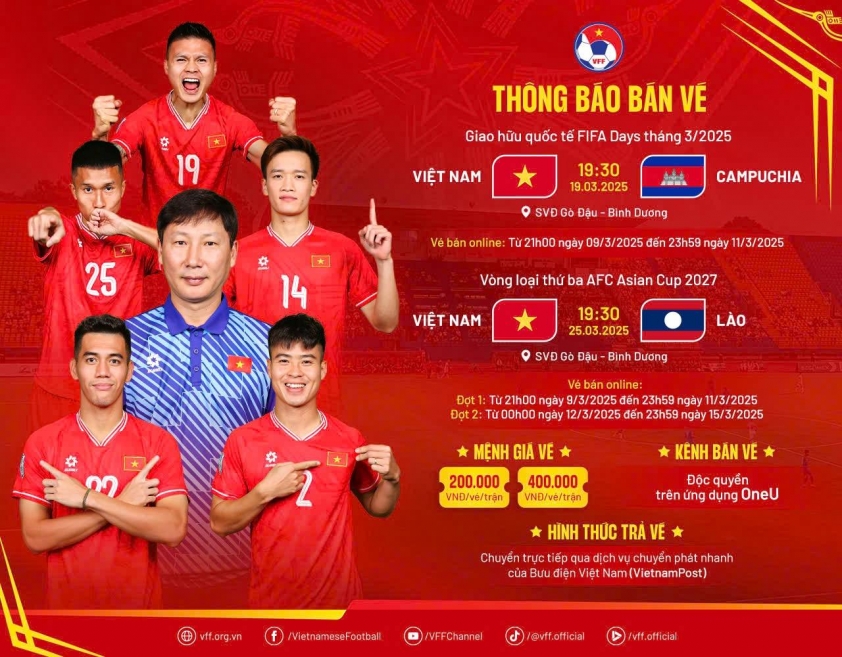 Lịch thi đấu và thông tin phát sóng trực tiếp các trận đấu của ĐT Việt Nam tại FIFA Days tháng 3