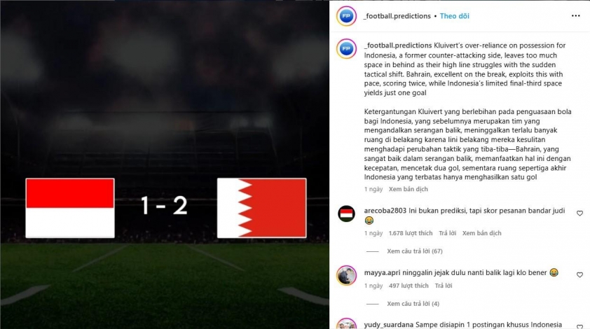 Dự đoán tỷ số Indonesia vs Bahrain: Tài khoản Instagram gây sốt với phân tích chiến thuật sắc bén