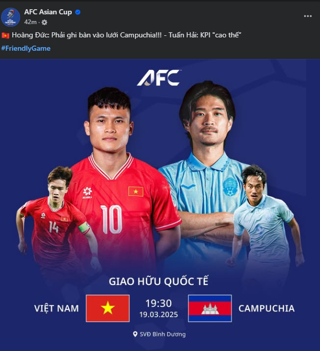 Việt Nam vs Campuchia: AFC Asian Cup đặt kỳ vọng vào Hoàng Đức, Tuấn Hải trước trận đấu trên sân Gò Đậu