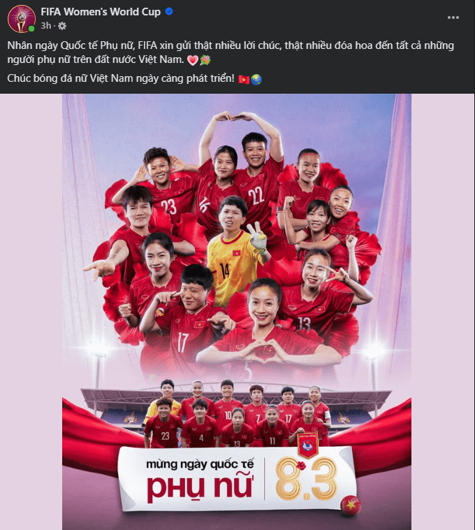 FIFA gửi lời chúc mừng Ngày Quốc tế Phụ nữ 8/3 đến bóng đá nữ Việt Nam