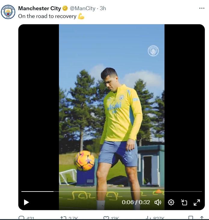 Rodri trở lại tập luyện, thắp lên hy vọng cho Manchester City
