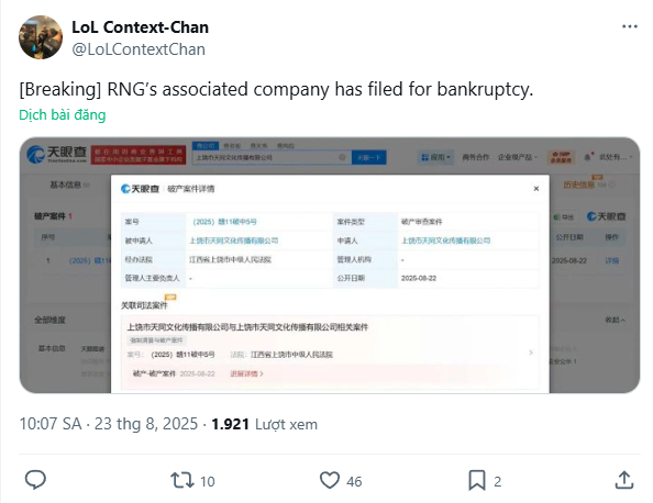RNG đã chính thức gửi đơn xin phá sản