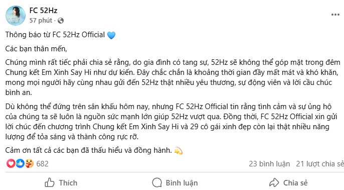 Thông báo từ FC 52Hz về việc vắng mặt của nữ ca sĩ tại đêm chung kết