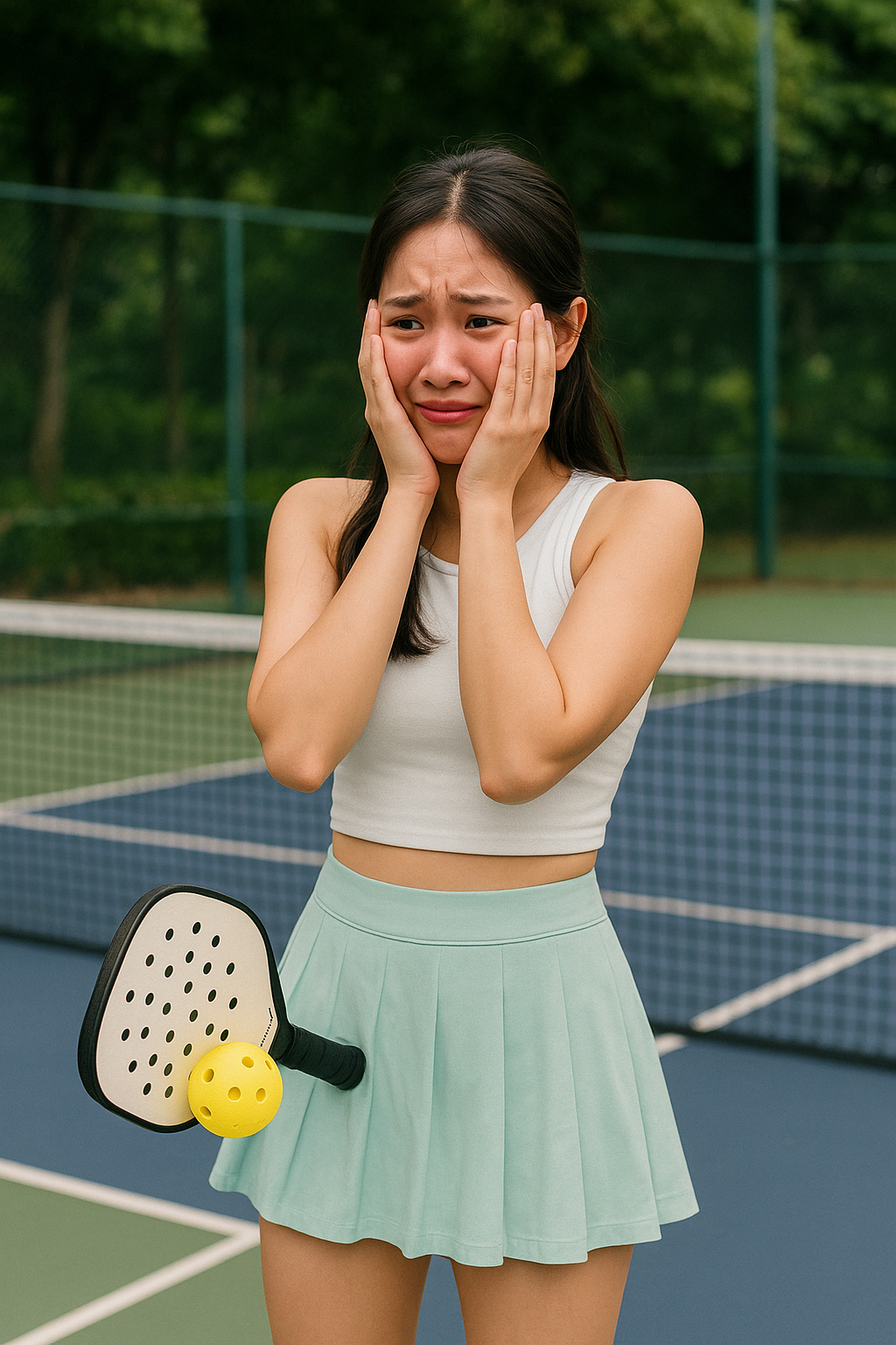 Cô gái ngại ngùng vì sự cố trên sân pickleball