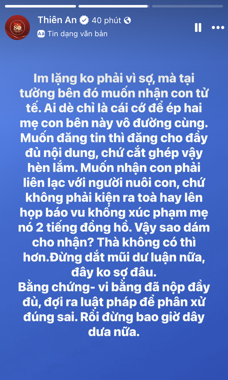 Thiên An viết tâm thư đáp trả buổi họp báo 2 tiếng đồng hồ