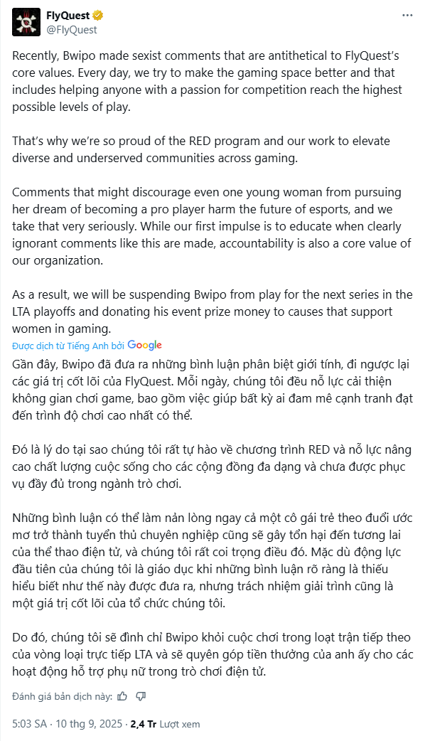FlyQuest đình chỉ thi đấu Bwipo vô thời hạn
