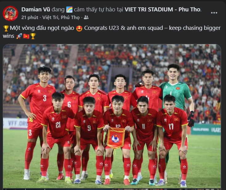 Cầu thủ Việt kiều Damian Vũ gửi lời khen ngợi