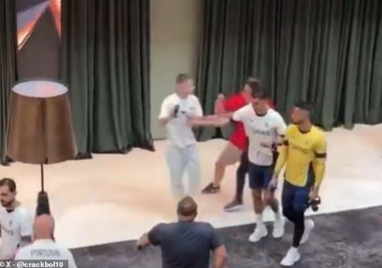 C.Ronaldo đẩy ngã một CĐV khi người này cố gắng tiếp cận anh để chụp ảnh (Ảnh cắt từ video).