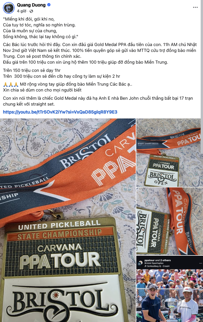 Bài đăng hỗ trợ miền Trung của Quang Dương thu hút nhiều sự chú ý Bài đăng đấu giá huy chương vàng của Quang Dương