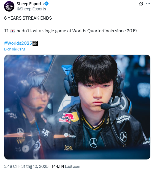 Thành tích không thua ván nào ở Tứ kết CKTG lập từ năm 2019 của T1 đã bị phá vỡ.