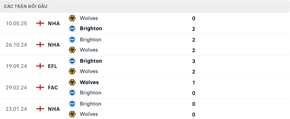 Lịch sử đối đầu giữa Wolves và Brighton