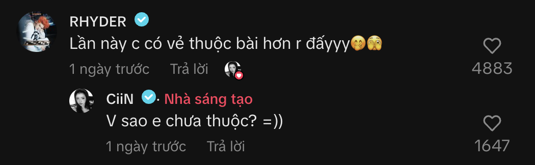 Cả hai thoải mái tương tác với nhau trên mạng xã hội Cộng đồng mạng theo dõi tương tác giữa RHYDER và CiiN trên MXH