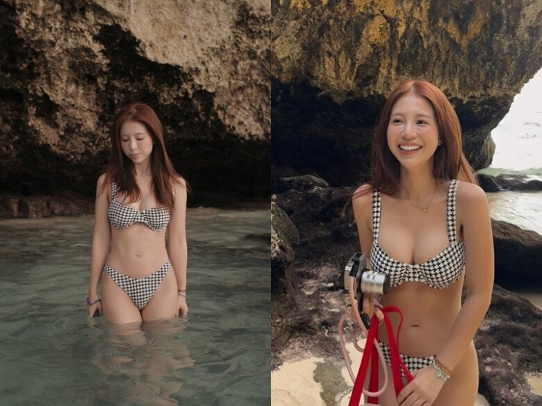 Các thiết kế bikini dáng cổ điển, in họa tiết hoa nhí hay kẻ caro giúp cô khoe trọn vòng một đầy đặn cùng vóc dáng săn chắc.