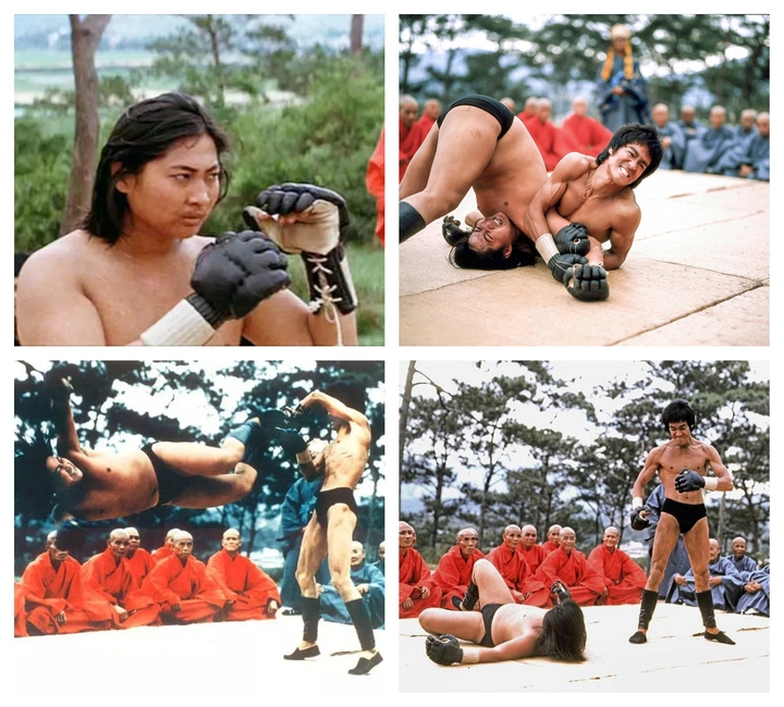 Hồng Kim Bảo và Lý Tiểu Long trong cảnh quay Enter the Dragon