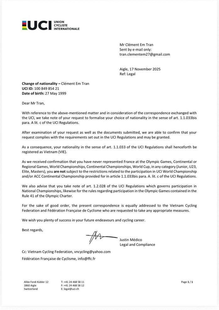 Trần Clément Em chính thức khoác áo xe đạp Việt Nam Tay đua Trần Clément Em đổi quốc tịch về Việt Nam