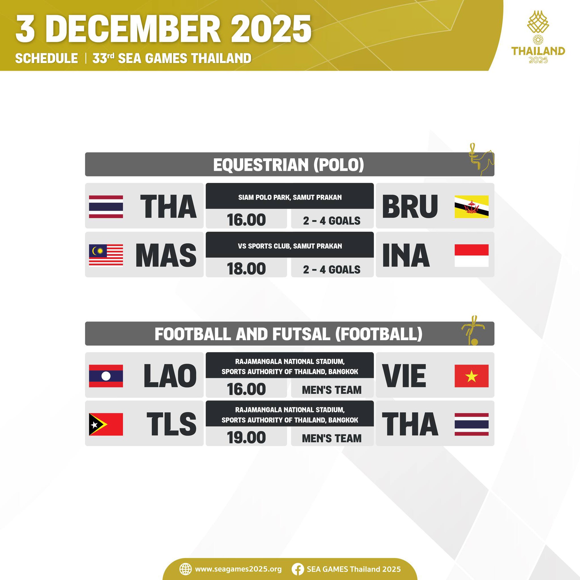 Lịch thi đấu SEA Games 33 ngày 3/12 mới nhất