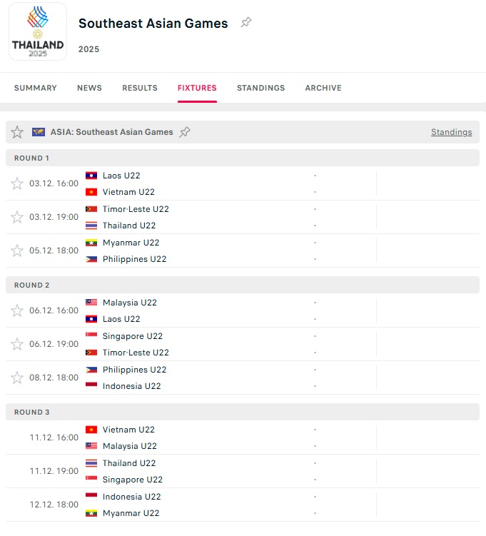 Lịch thi đấu vòng bảng SEA Games 33