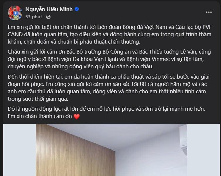 Tâm thư của Hiểu Minh đăng tải trên trang cá nhân Tâm thư xúc động của trung vệ Nguyễn Hiểu Minh