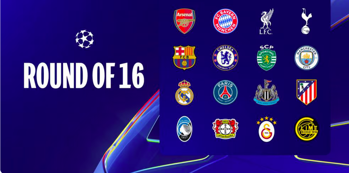 16 đội bóng giành vé góp mặt ở vòng 16 đội Champions League
