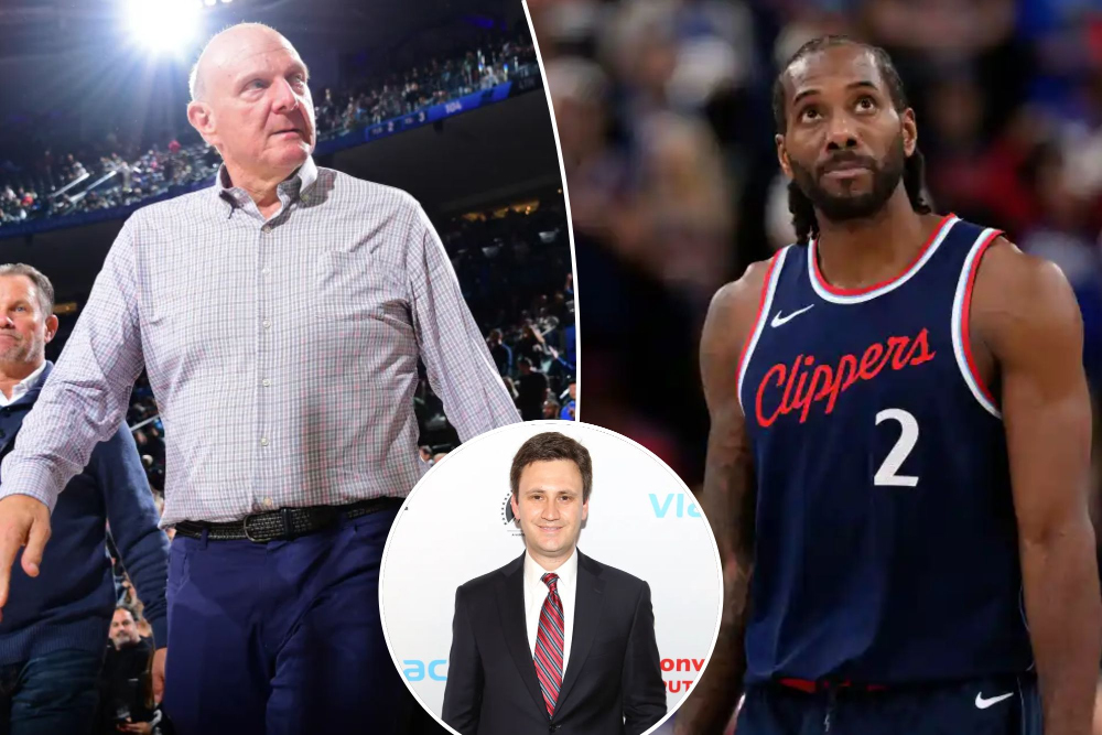 Steve Ballmer và Joseph Sanberg bên cạnh Kawhi Leonard