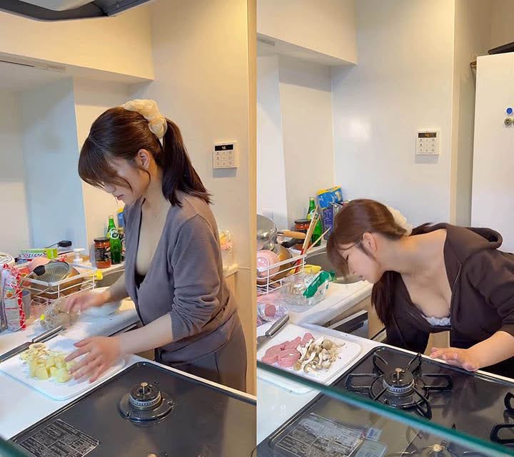 Làm clip nấu ăn, hot girl khiến cả trăm ngàn fan “xem không rời mắt”- Ảnh 3. Phong cách thời trang tại bếp của hot girl Mana Okite