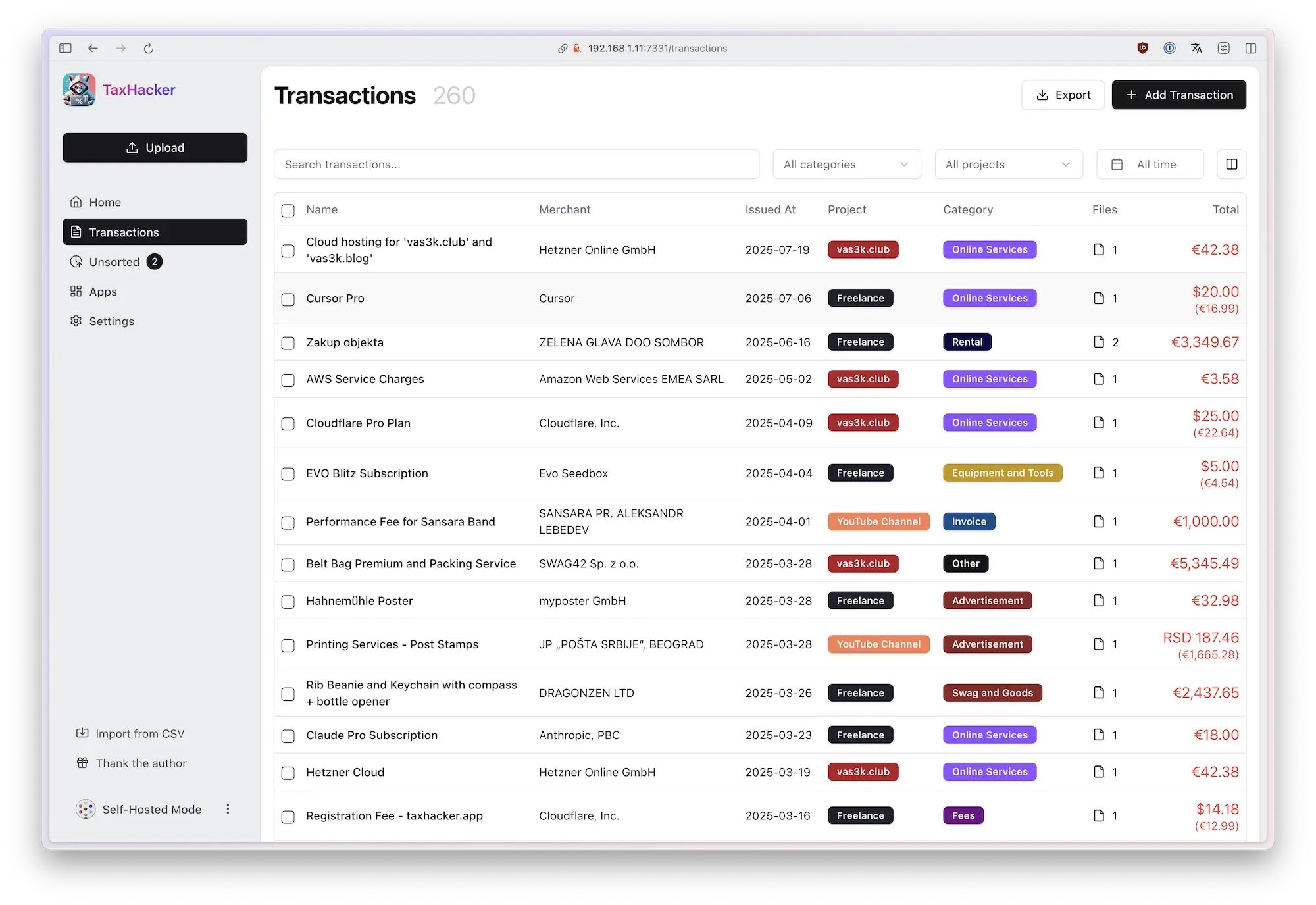 Ứng dụng TaxHacker chạy trên nền Next.js