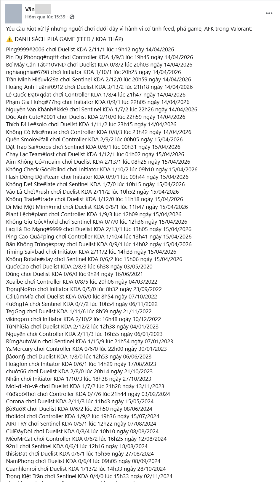 Danh sách chi tiết các tài khoản bị tố cáo có hành vi phá game.