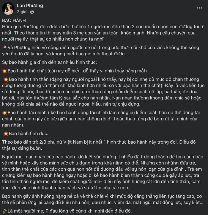 Nữ diễn viên Lan Phương tiết lộ nhiều góc khuất bạo hành sau ly hôn