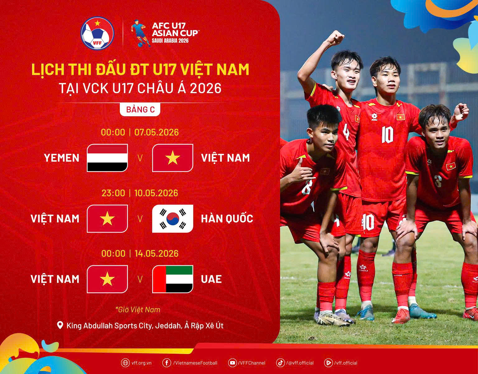 Lịch thi đấu vòng bảng Giải U17 châu Á 2026 của Việt Nam