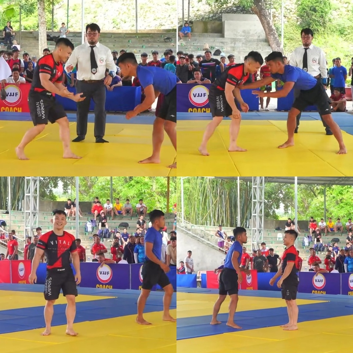 Đào Hồng Sơn cười và mời gọi đối thủ trên sàn đấu