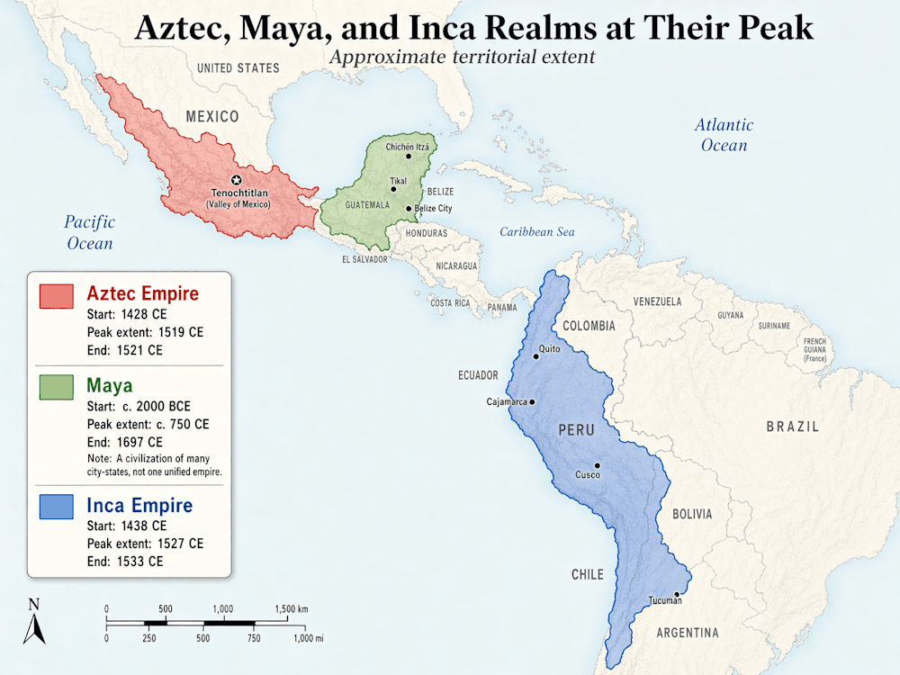 Bản đồ các đế chế cổ đại Aztec, Maya và Inca
