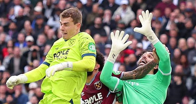 Tình huống phạm lỗi thủ môn của West Ham trước Arsenal